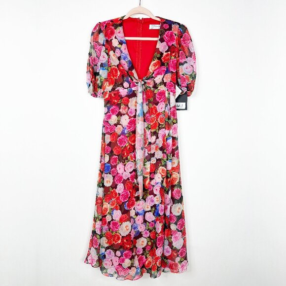 NWT Mac Duggal Multicolor Floral Front Tie Puff Sleeve Flowy Dress #A0538- 41 - Picture 3 of 10